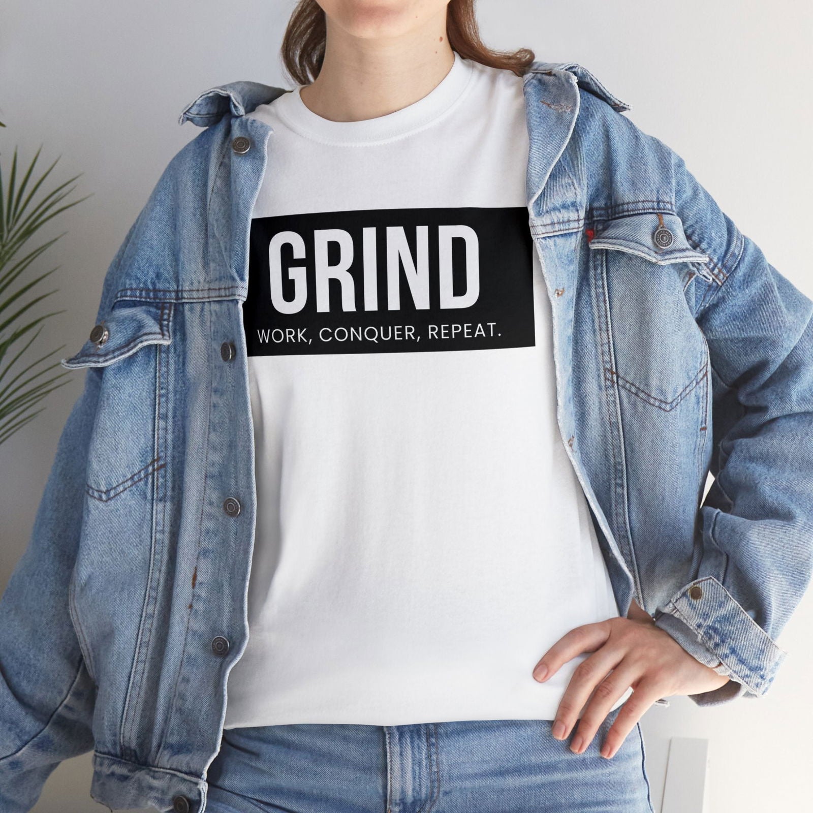 Buy Grind: Work, Conquer, Repeat Unisex Cotton Tee from Contrast Craze, a stylish .