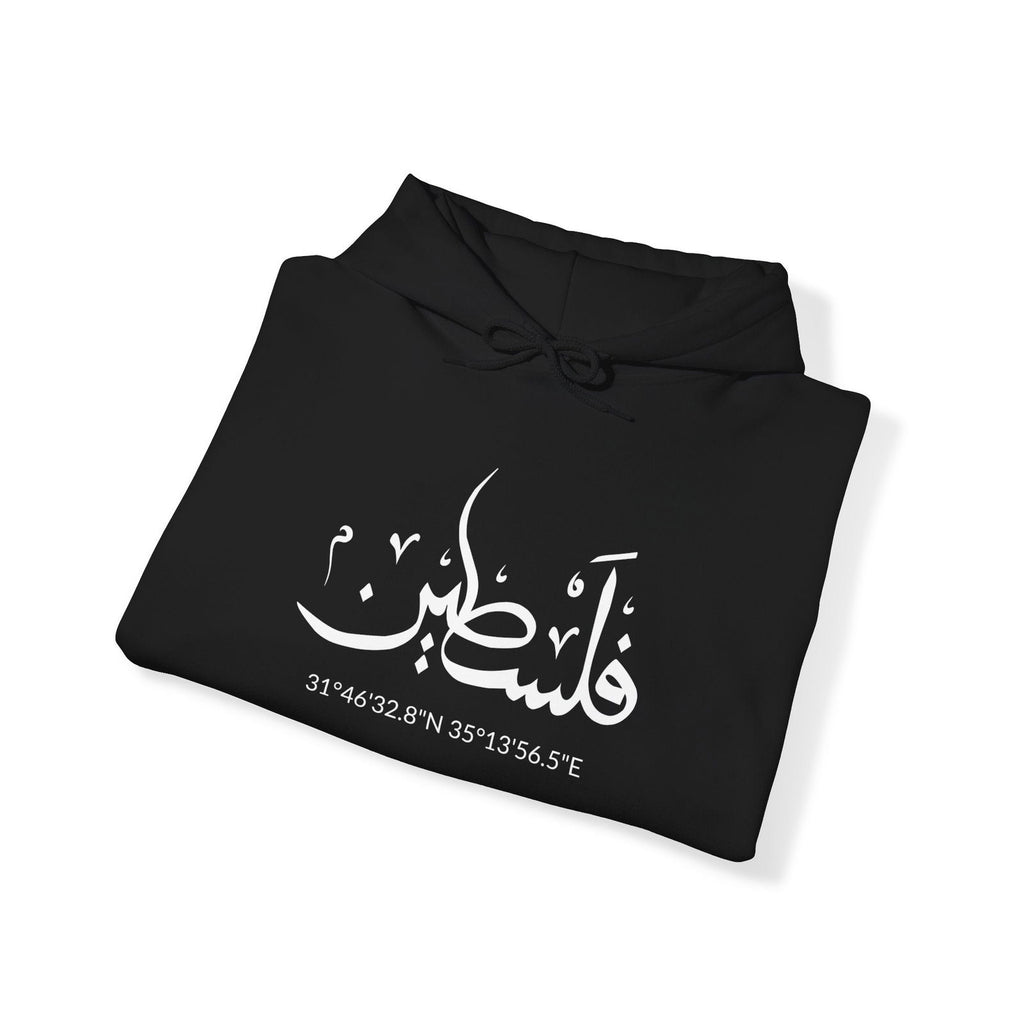 Buy Palestine Coordinates Arabic Unisex Hooded Sweatshirt from Contrast Craze, a stylish .